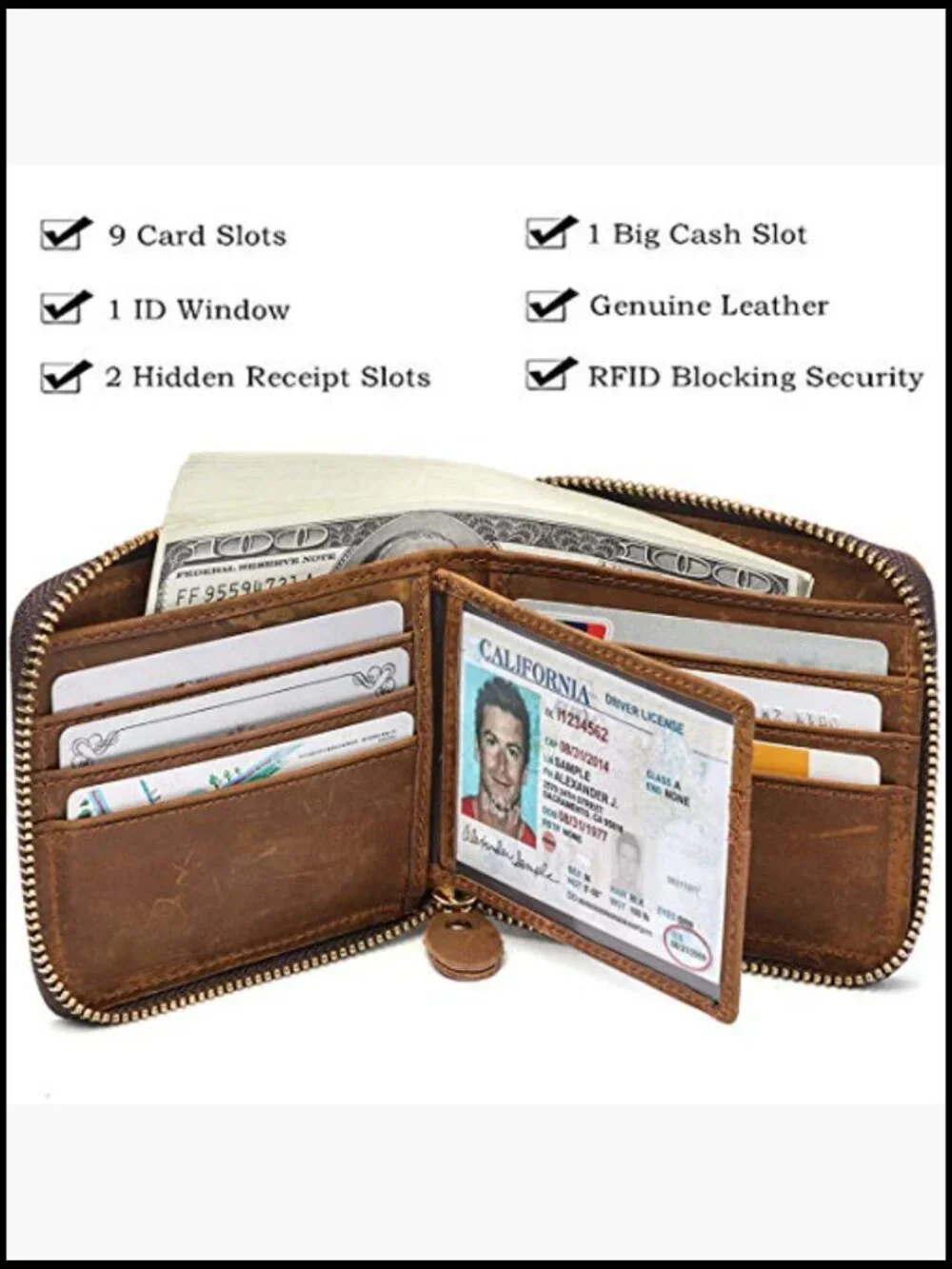 Genuine Leather RFID Blocking Bifold Wallet with Zipper Compact Secure Fit